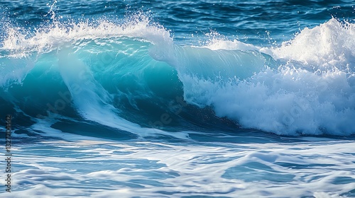 Fototapeta Naklejka Na Ścianę i Meble -  Crashing ocean wave with turquoise blue water and sea foam