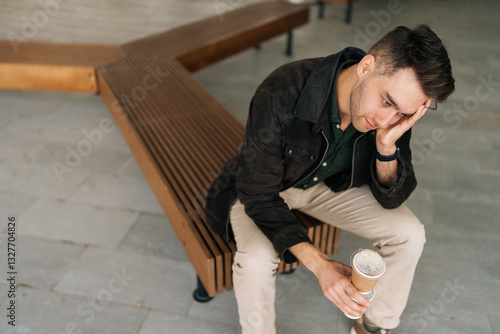 Fotografie High-angle view of frustrated pensive man sitting on street bench, holding coffee cup and resting head on hand, lost in thought amid urban hustle and bustle of city life