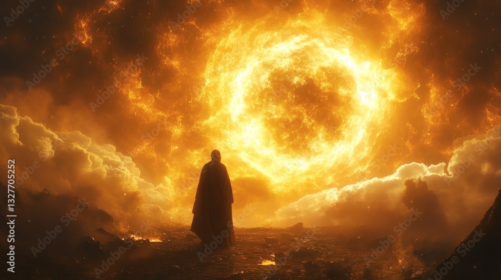 Fototapeta premium a person standing in silhouette, gazing at a magnificent sun-like explosion in the sky
