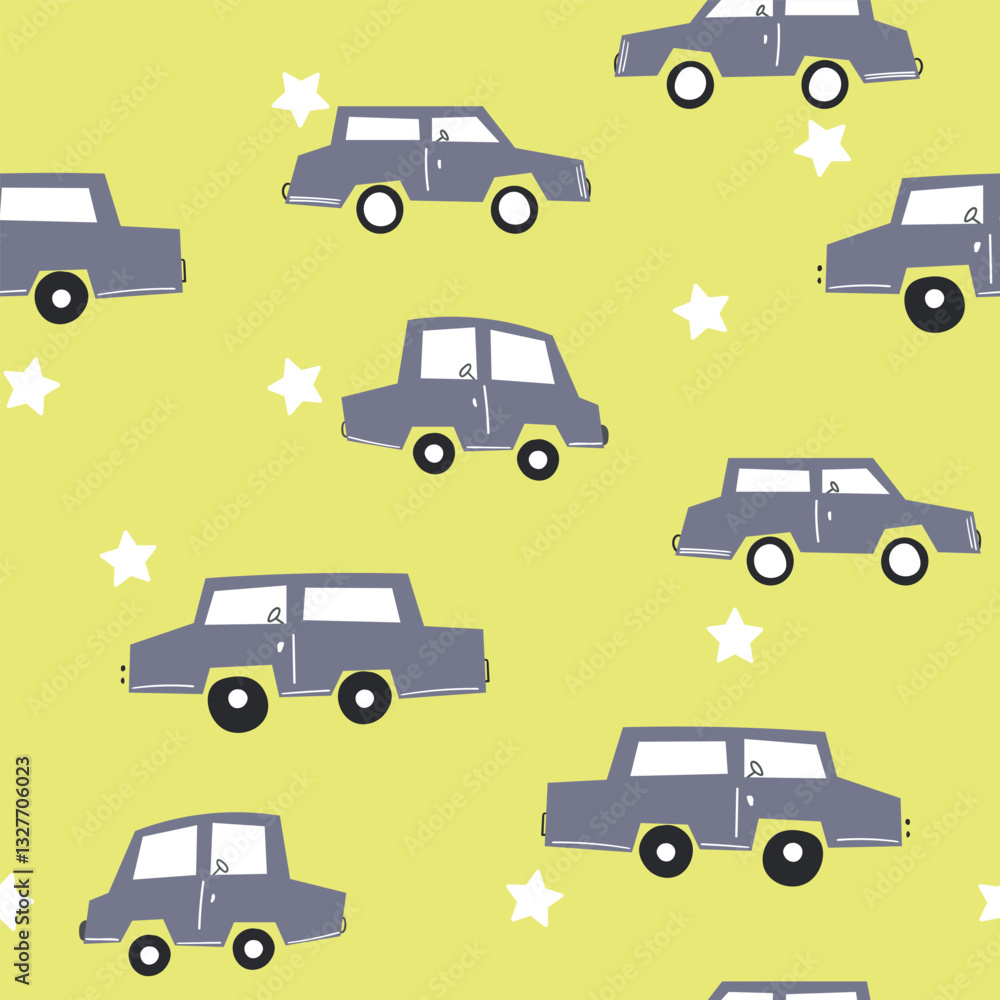 Seamless pattern with cute car on color background. Cartoot transport. Vector illustration. Doodle style. Design for baby print, invitation, poster, card, fabric, textile. Seamless pattern with cute car on color background. Cartoot transport. Vector illustration. Doodle style. Design for baby print, invitation, poster, card, fabric, textile.