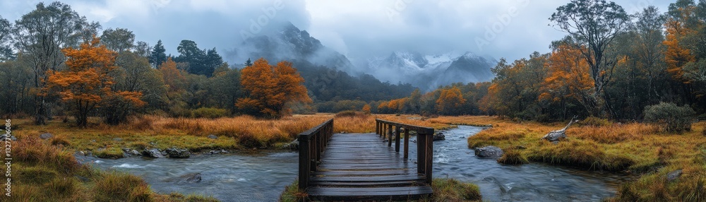 a serene autumn landscape features a wooden bridge over a calm river with mountains in the background a serene autumn landscape features a wooden bridge over a calm river with mountains in the background