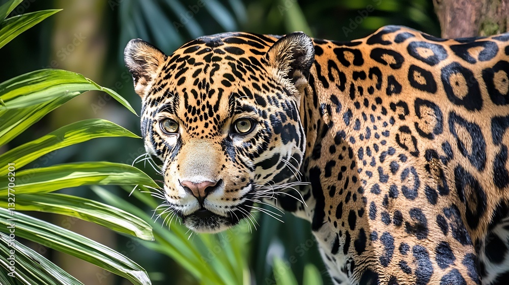 Close up of prowling jaguar with deep golden eyes rosette patterned fur and sharp whiskers A shadowy rainforest background adds depth and mystery Close up of prowling jaguar with deep golden eyes rosette patterned fur and sharp whiskers A shadowy rainforest background adds depth and mystery