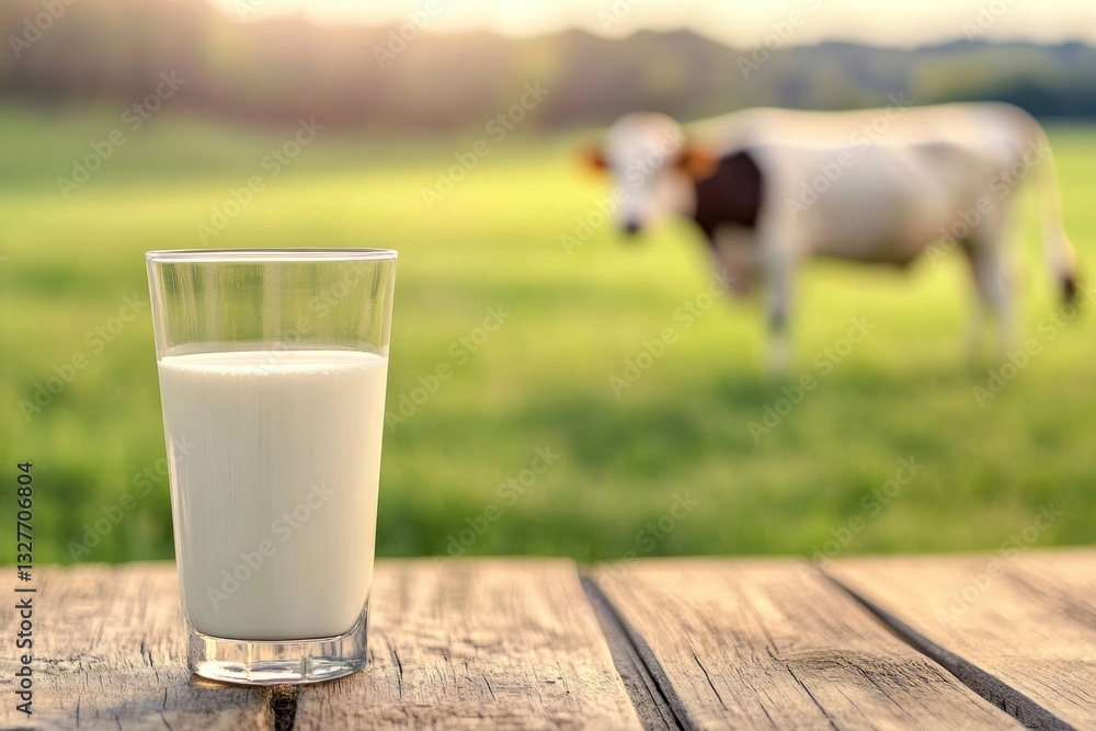 Refreshing glass of milk on wooden table with grazing cow in Saint Petersburgs green field at sunset Generative AI Refreshing glass of milk on wooden table with grazing cow in Saint Petersburgs green field at sunset Generative AI