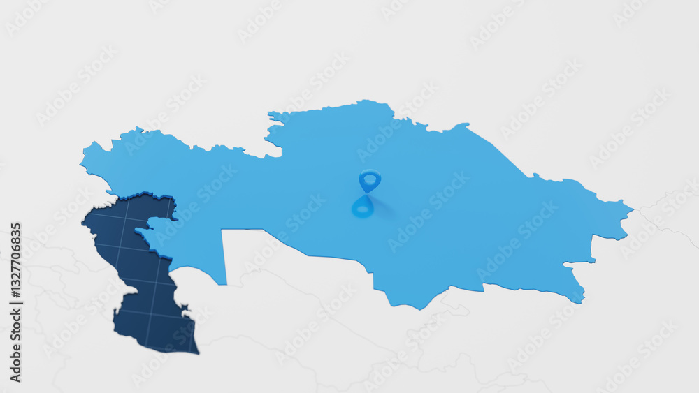 Fototapeta premium Blue Kazakhstan 3d map with pointer pin surrounded with other countries in white. Political map with borders. 3d render illustration