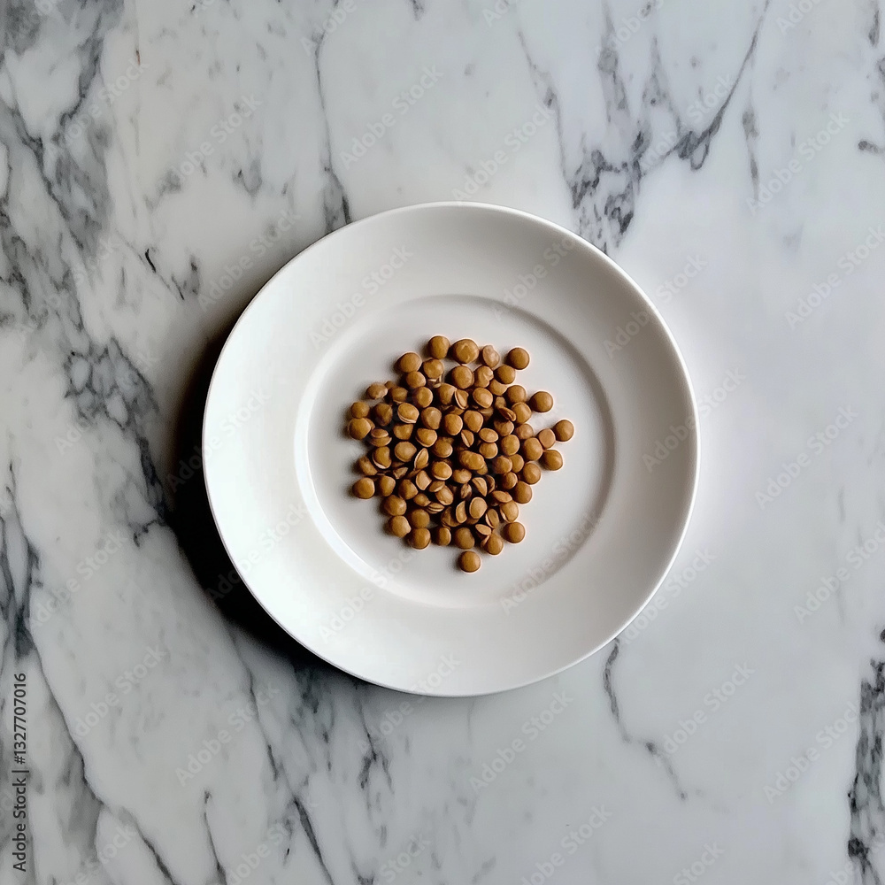 Raw Brown Lentils on a White Plate, Top View Raw Brown Lentils on a White Plate, Top View