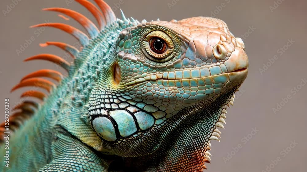 Colorful iguana displays vivid scales and unique features in soft lighting Colorful iguana displays vivid scales and unique features in soft lighting