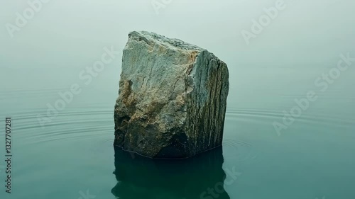 Discovering a solitary rock formation rising from calm waters during a misty morning
