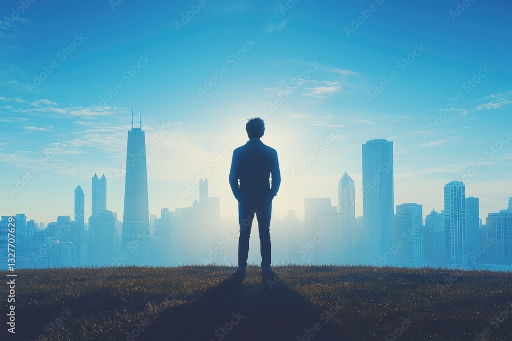 A man in a suit stands on a hill overlooking a modern city skyline, bathed in morning sunlight, symbolizing ambition, leadership, and future possibilities A man in a suit stands on a hill overlooking a modern city skyline, bathed in morning sunlight, symbolizing ambition, leadership, and future possibilities