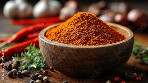 Fototapeta Naklejka Na Ścianę i Meble -  A wooden bowl filled with cajun spices with vibrant hues and intense aromas. Cajun powder with a blend of finely ground spices from culinary tradition.