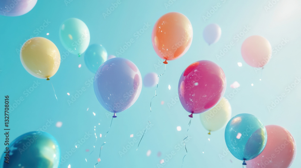 Fototapeta premium Vibrant colorful balloons floating in clear blue sky celebration mood