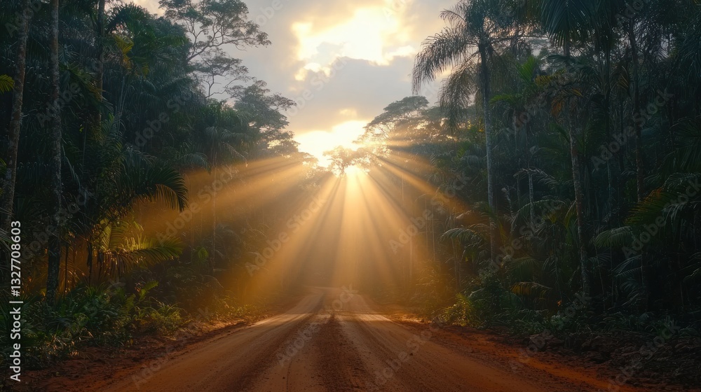 Obraz premium Sunbeams on a jungle road