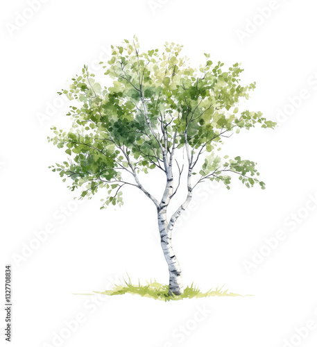 Elegant Birch Tree with White Bark and Lush Foliage on White Background