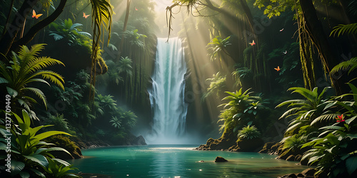 A breathtaking tropical forest with a majestic waterfall cascading down rugged cliffs, surrounded by lush greenery and a serene river. Sunlight filters through the trees, creating a magical and peacef
