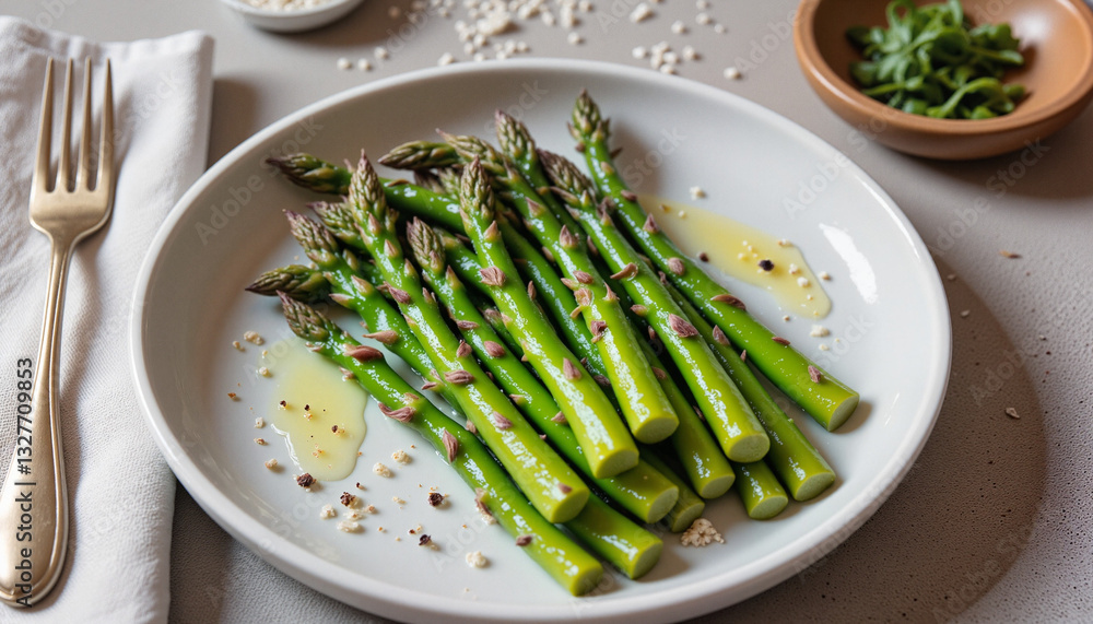 Minimalistic photo of fresh green asparagus spears on a white plate with olive oil and seasoning Minimalistic photo of fresh green asparagus spears on a white plate with olive oil and seasoning