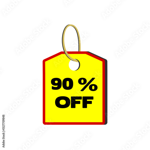 90% off yellow tag with red border, beige cord and white background