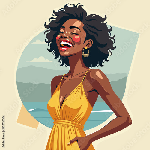 Joyful woman laughing in yellow dress by the beach, summer happiness