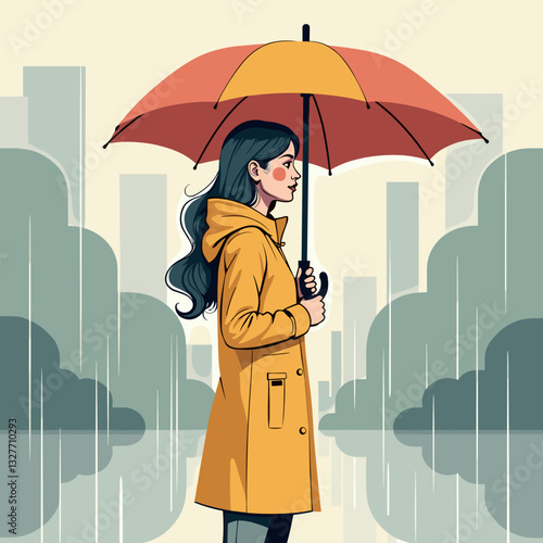 Woman holding umbrella in the rain, urban resilience