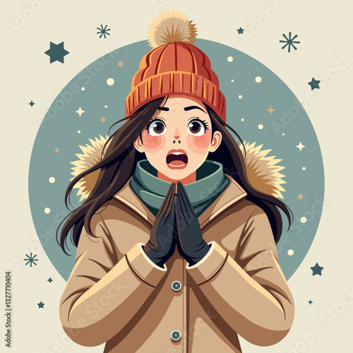 Surprised woman shivering in winter coat with snowy background, cold weather