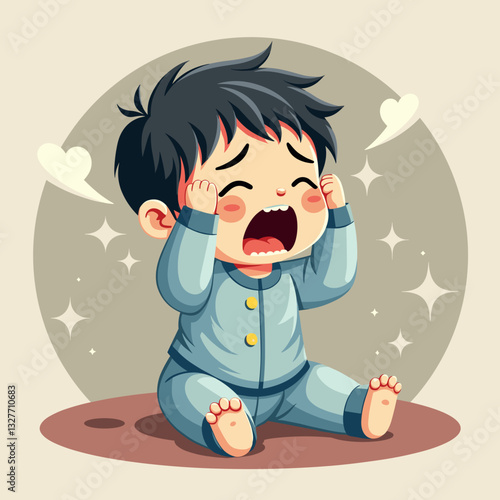 Tired child yawning and rubbing eyes in pajamas, bedtime struggle