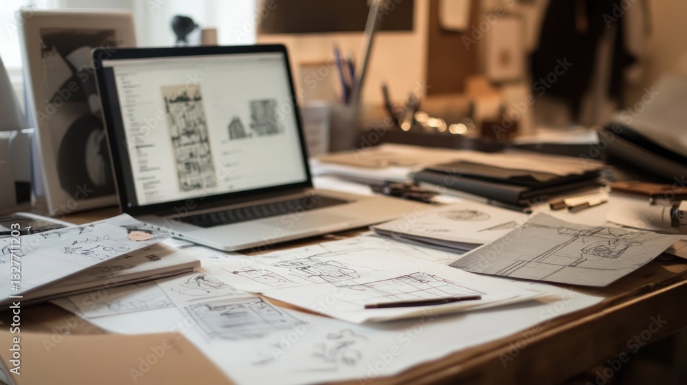Obraz premium Creative Workspace: Laptop, Sketches, and Design Inspiration