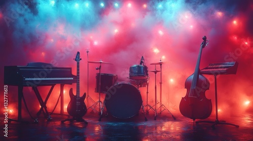musical instruments set up on a stage, illuminated with vibrant red and blue lighting