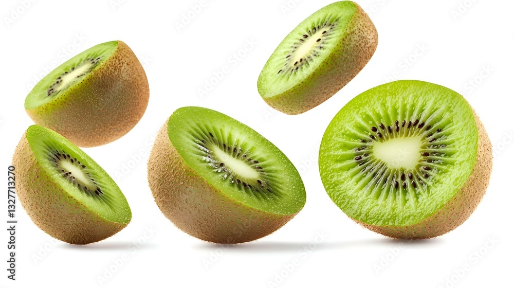 Fototapeta premium Fresh Kiwi Fruit Slices Falling Isolated on White Background