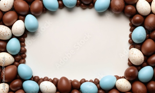Colorful Easter eggs arranged in a decorative frame with a blank center for customization