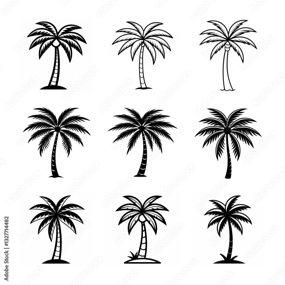 Palm tree outline black vector isolated on white background, Set of palm trees, palm tree silhouettes, set of palms Palm tree outline black vector isolated on white background, Set of palm trees, palm tree silhouettes, set of palms