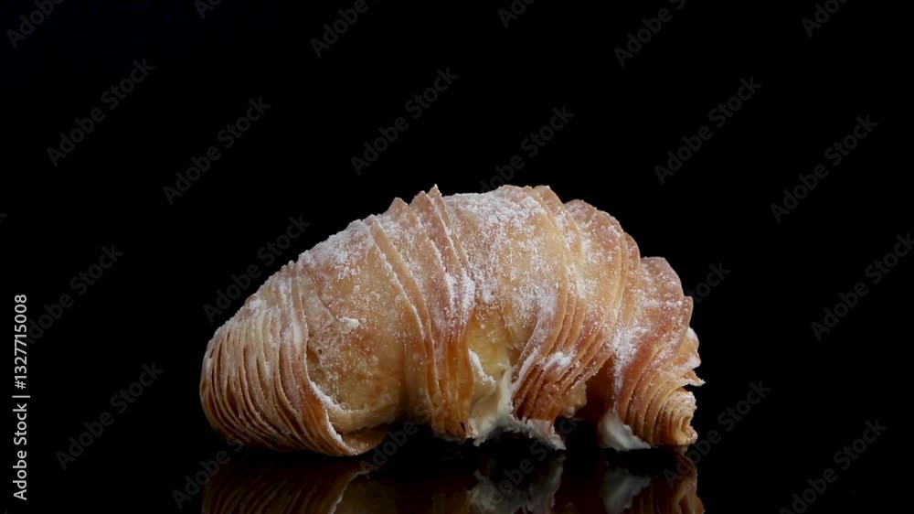 A single Sfogliatina alla crema, Italian flaky pastry with creamy filling, spinning on a black background. A single Sfogliatina alla crema, Italian flaky pastry with creamy filling, spinning on a black background.