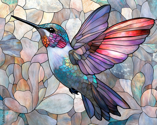 Stained glass hummingbird design, vibrant colors, intricate detail, showcasing elegance and nature's beauty, suitable for art or decor