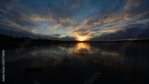 Time-lapse of a summer night with the sky coloured by the rising sun by a lake in the forests of Finland