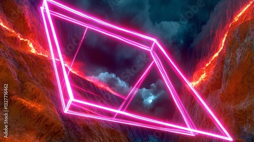 Abstract Neon Glowing Lines Landscape Design with Pink Geometric Shapes