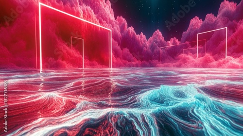 Neon Pink and Blue Abstract Landscape Art with Water Reflection