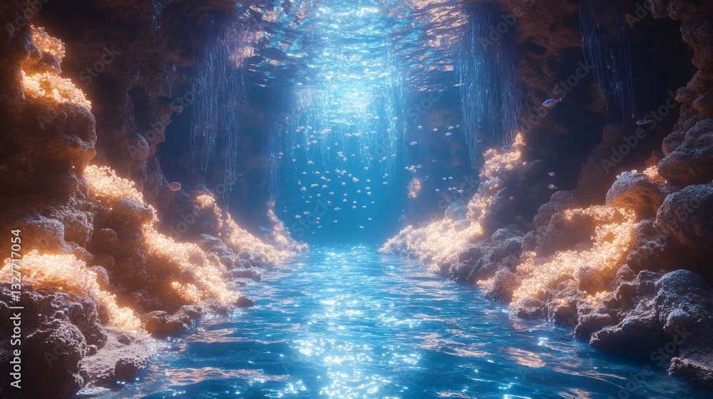 Obraz premium a mystical underwater cave with a sparkling blue river flowing through it. The walls of the cave have a golden glow. The light shining through the water creates a magical scene