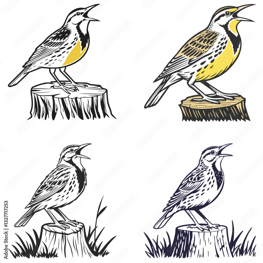 Fototapeta premium Western meadowlark silhouette, Meadowlark Bird Clipart, Western meadowlark landing on branch Illustration in black and white