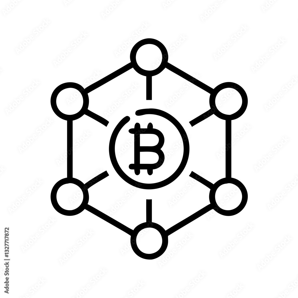Blockchain network icon featuring Bitcoin symbol representing decentralized finance technology Blockchain network icon featuring Bitcoin symbol representing decentralized finance technology