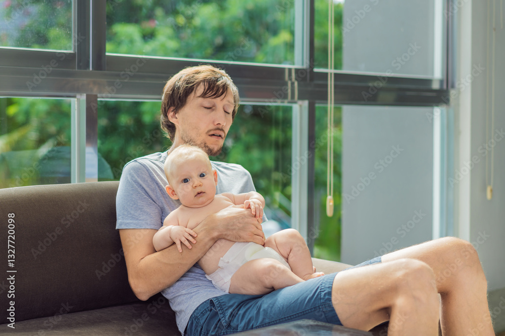 An exhausted father falls asleep on the couch while holding his 3-month-old baby in his arms. A tender and heartwarming moment showcasing love, caregiving, and the challenges of parenthood. Family and