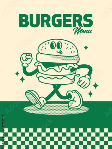 Green Burger Menu Poster. Vector Illustration of Retro Cartoon Happy Concept. Street Food.