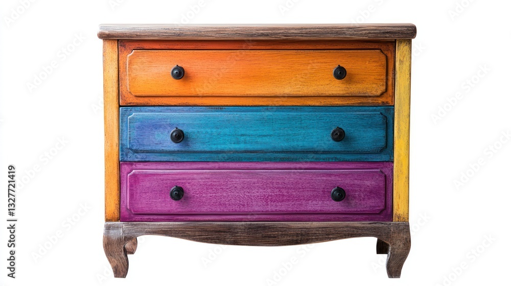 Colorful three-drawer wooden chest of drawers on white background. Colorful three-drawer wooden chest of drawers on white background.