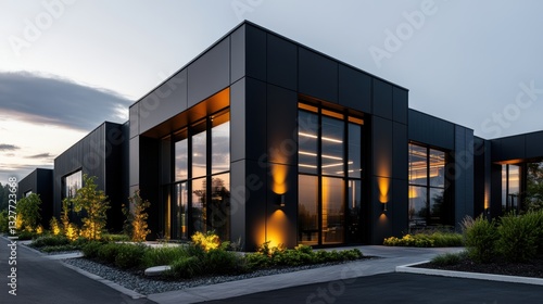 Wallpaper Mural urban architecture, a line of contemporary industrial structures with concrete exteriors and steel details, bathed in the evenings gentle glow Torontodigital.ca