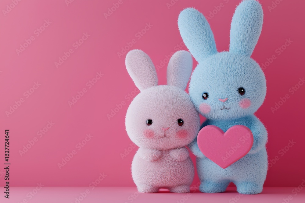 Cute plush-style pink and blue bunnies hugging and holding a heart, symbolizing love and friendship, set against a soft pink background. Cute plush-style pink and blue bunnies hugging and holding a heart, symbolizing love and friendship, set against a soft pink background.