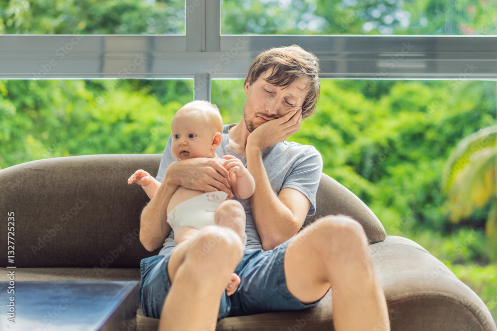 An exhausted father falls asleep on the couch while holding his 3-month-old baby in his arms. A tender and heartwarming moment showcasing love, caregiving, and the challenges of parenthood. Family and