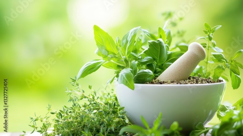 Fresh herbs and spices with mortar and pestle on a bright background, showcasing vibrant ingredients for cooking and culinary preparation photo