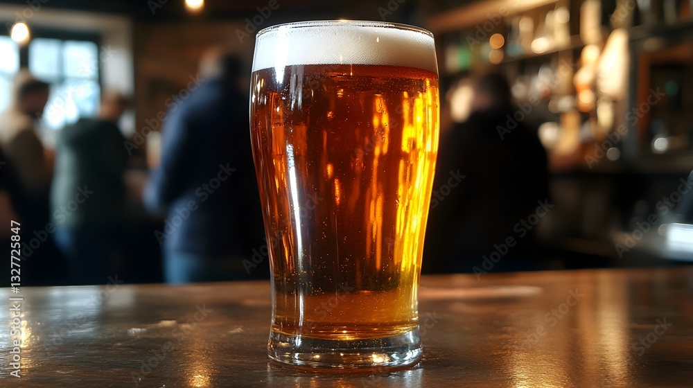 Shiny pint of beer resting on a bar captured amidst a blurred background perfect for inviting social gatherings Shiny pint of beer resting on a bar captured amidst a blurred background perfect for inviting social gatherings