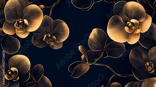 Golden Line Art Orchids on Dark Background, Elegant golden line art of orchids on a dark background