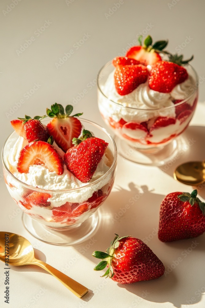 Strawberry Dessert in Glass with Cream and Spoon on White Surface Strawberry Dessert in Glass with Cream and Spoon on White Surface