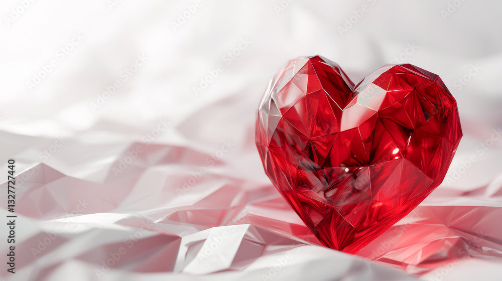 Red crystal heart with faceted geometric design on elegant white background. Concept of love, romance, luxury, passion, purity, precious emotions, Valentine's Day. Copy space Red crystal heart with faceted geometric design on elegant white background. Concept of love, romance, luxury, passion, purity, precious emotions, Valentine's Day. Copy space