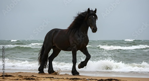 A powerful Friesian horse standing on a windswept beach during a storm, its mane flowing wildly as waves crash behind it