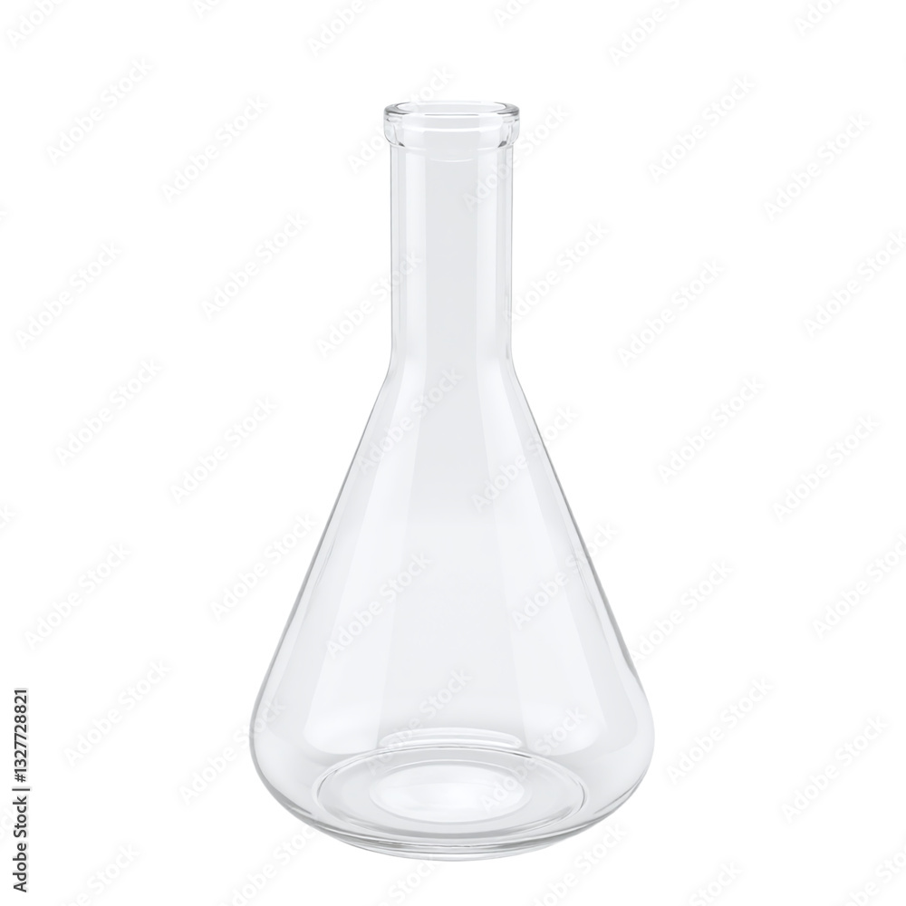 Empty clear glass Erlenmeyer flask isolated on white background. Perfect for science, chemistry, or medical concepts. Empty clear glass Erlenmeyer flask isolated on white background. Perfect for science, chemistry, or medical concepts.