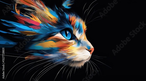   A close-up of a cat's face with colorful feathers on its head